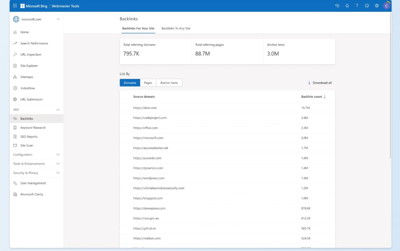 list of backlinks in Bing Webmaster Tools