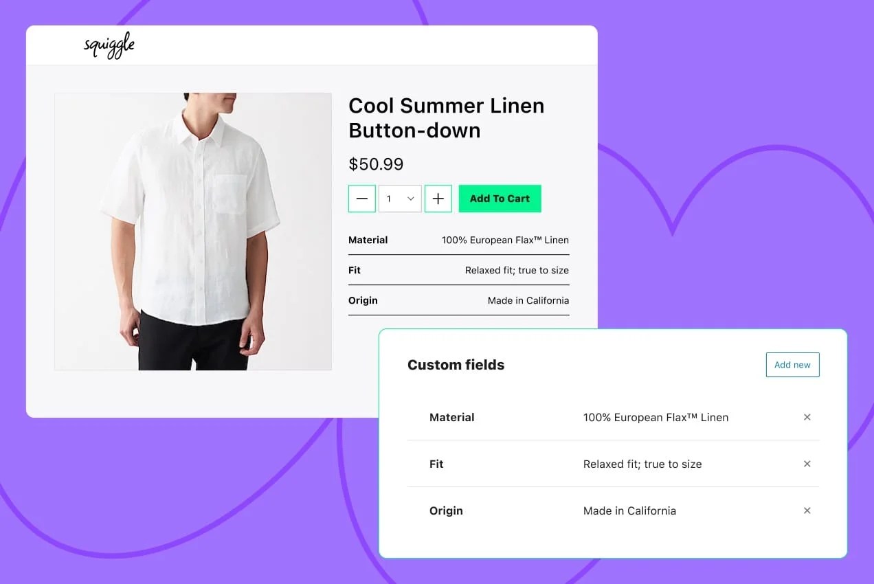 additional fields added to linen shirt product — material, fit, and origin