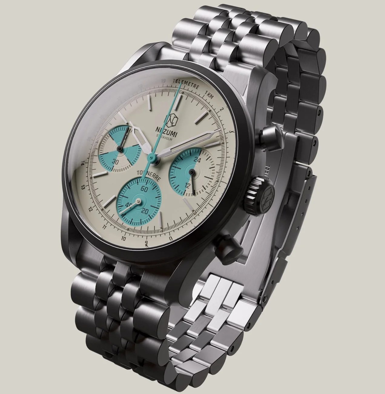 silver watch with a blue face