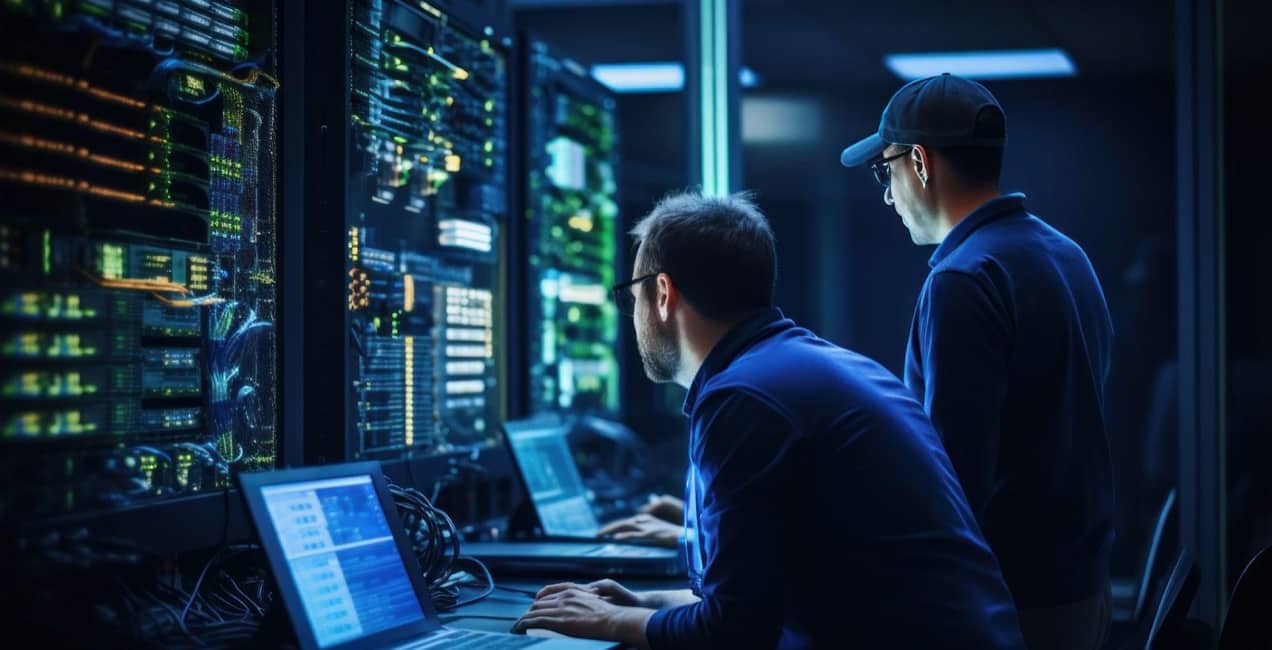 two men working in a server room