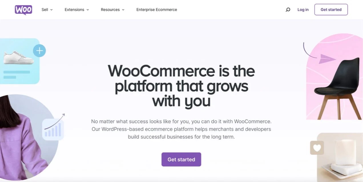 WooCommerce homepage with Get Started CTA.