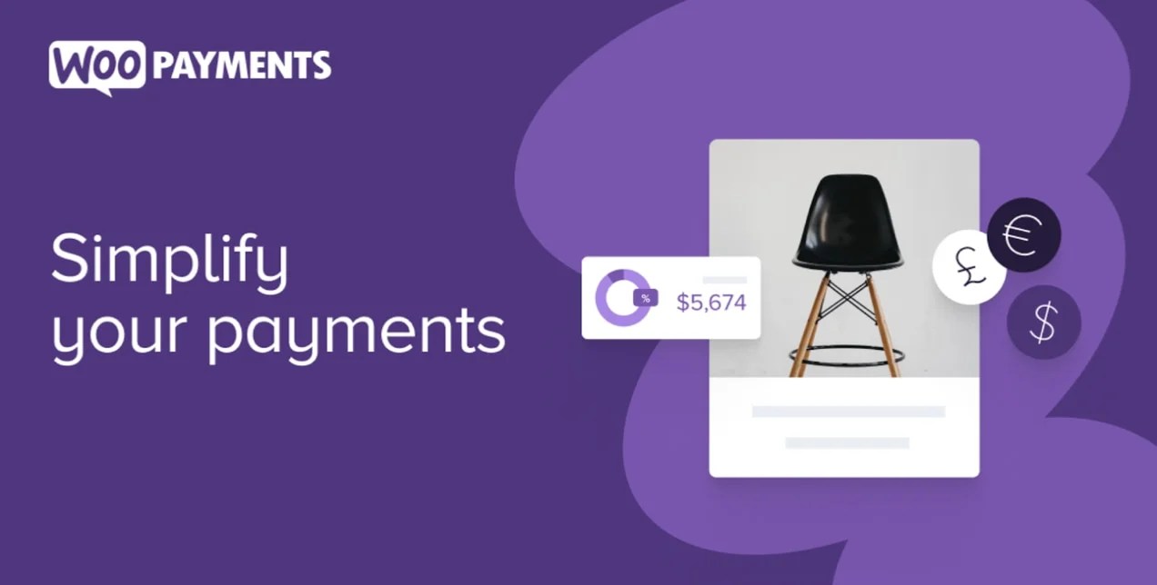 WooPayments call out with title, icons, a chair product, and a price tag of $5674.