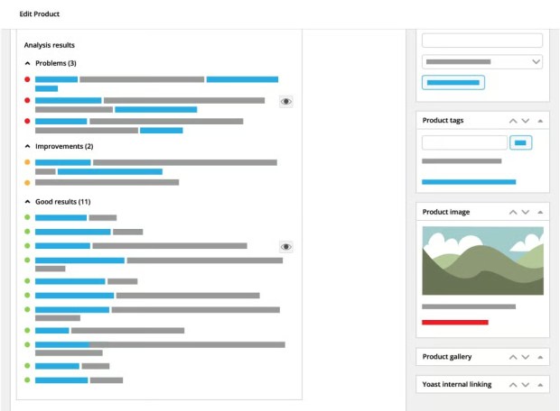 Visual representation of the product specific SEO analysis Yoast WooCommerce SEO performs on a website