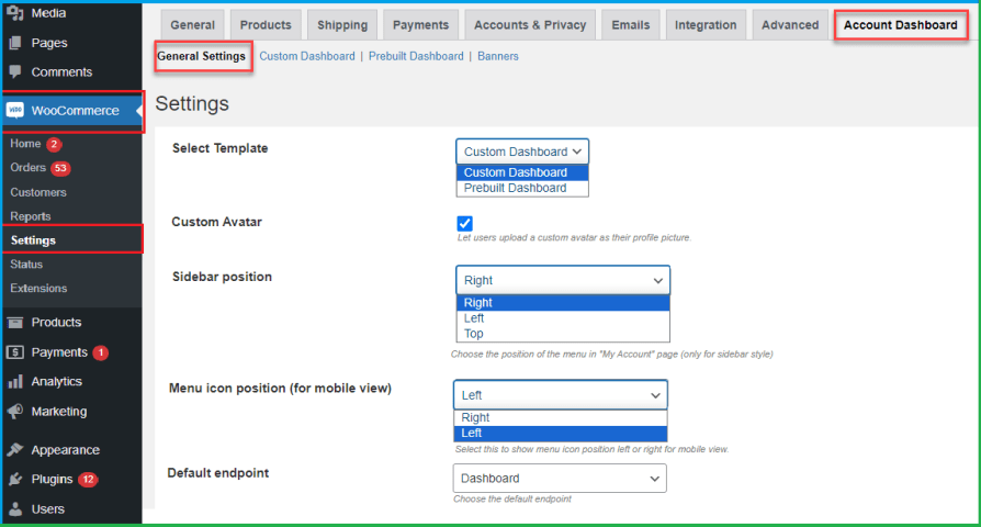 WooCommerce My Account Settings