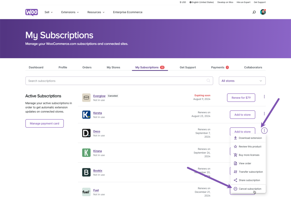 The 'Cancel subscription' option within the 'My Subscriptions' section.