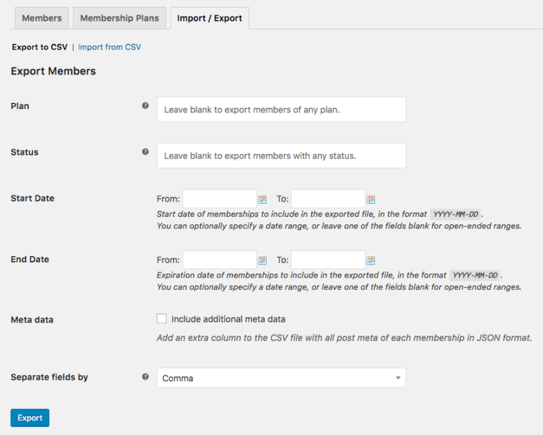 WooCommerce Memberships Export Settings