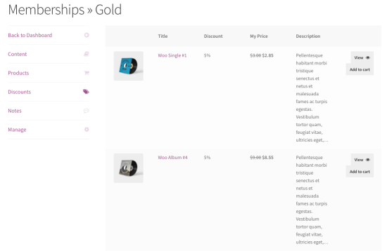 WooCommerce Membership member area my discounts